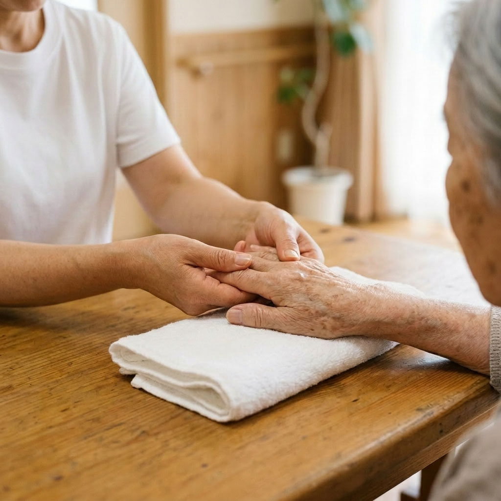 代表者が入居者様の手にやさしくハンドトリートメントを行っている様子