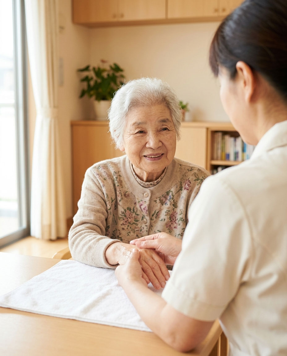 介護施設の入居者様の手にやさしく触れながらハンドトリートメントを行っているようす